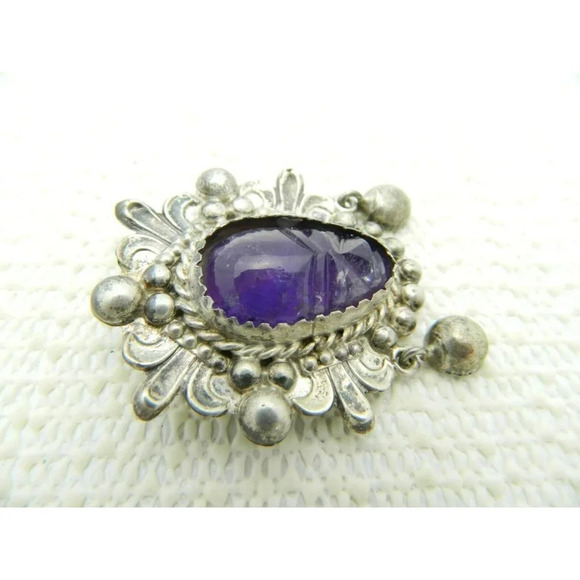 VTG MEXICAN STERLING Glass Purple Amethyst Carved Mask Dangle Pin Brooch - Picture 3 of 5